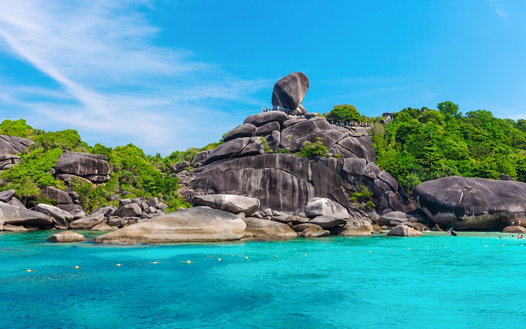 Rocky landscape and clear waters at Island No. 8, Similan Islands, Thailand.