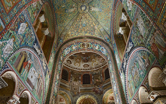 Mosaics depicting biblical scenes on the ceiling of San Vitale Basilica, Ravenna.