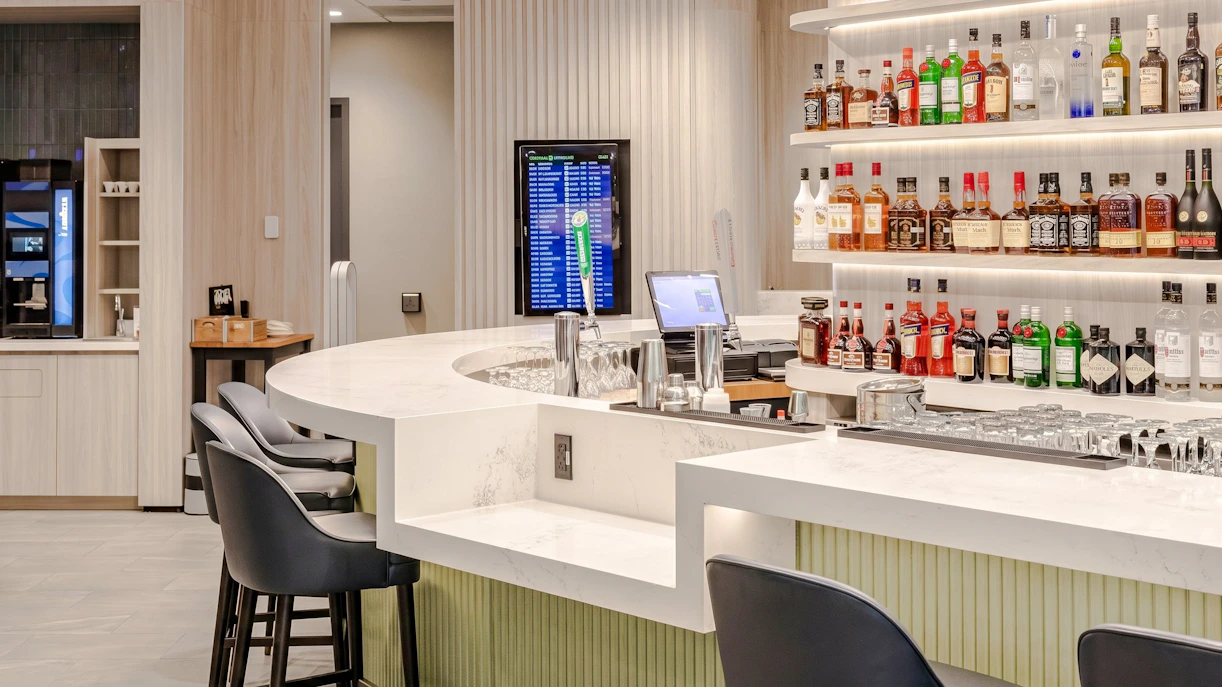 Bar counter at Plaza Premium Lounge, Terminal 1, Toronto Pearson Airport.