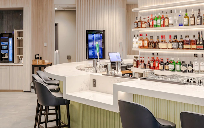Bar counter at Plaza Premium Lounge, Terminal 1, Toronto Pearson Airport.