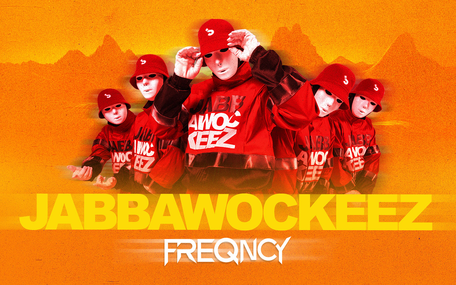 Jabbawockeez dancers in red outfits and masks promoting Vegas show.