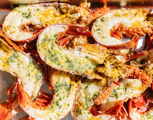 Grilled lobsters with herbs and butter on Rottnest Island Luxe Seafood Cruise.