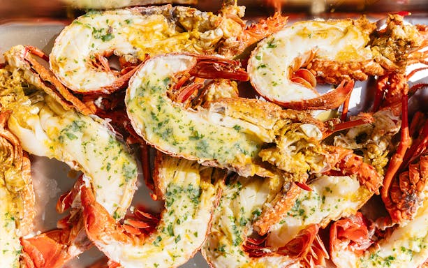 Grilled lobsters with herbs and butter on Rottnest Island Luxe Seafood Cruise.