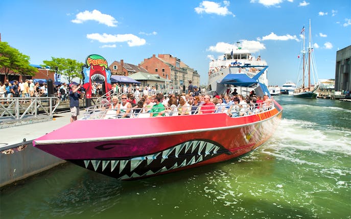 Thrill-seekers on CODZILLA boat ride in Boston harbor.
