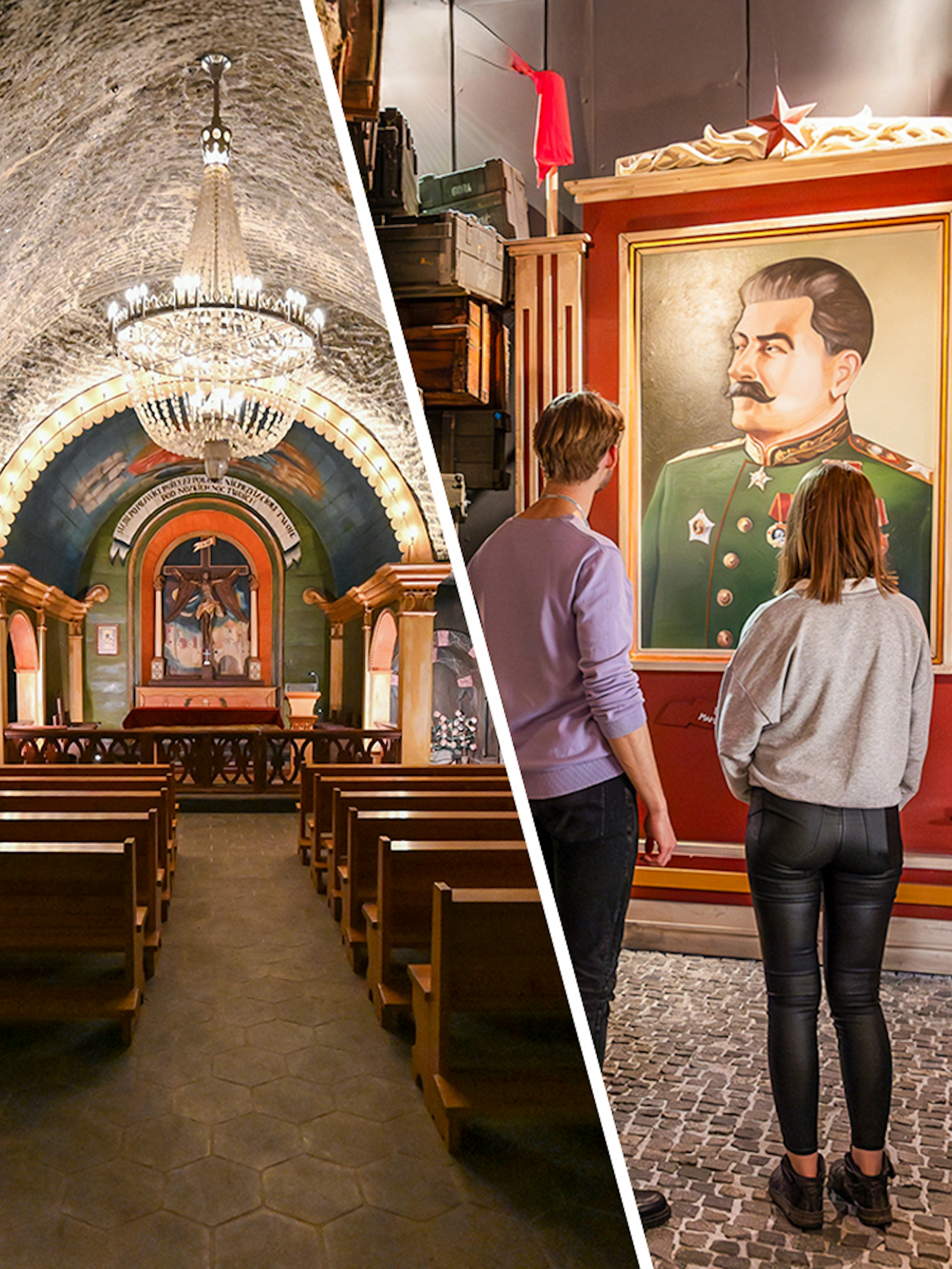 Wieliczka Salt Mine chapel and visitors at Schindler's Factory, Krakow tour.