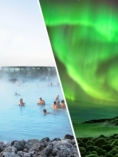 Blue Lagoon geothermal spa with visitors and Northern Lights over rocky landscape in Iceland.