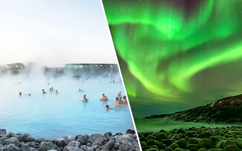 Blue Lagoon geothermal spa with visitors and Northern Lights over rocky landscape in Iceland.