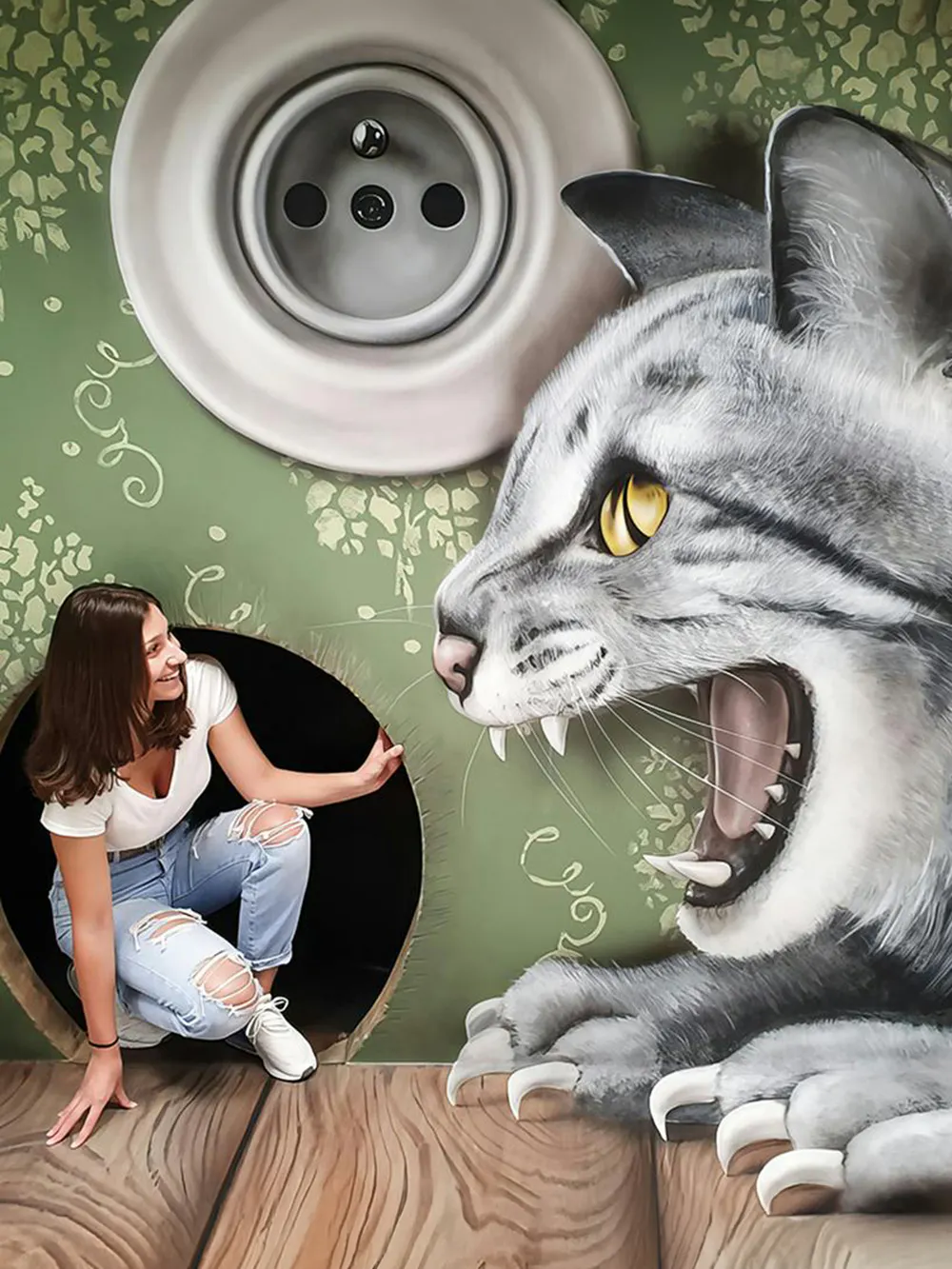 Person interacting with giant cat illusion at Museum of Fantastic Illusions.