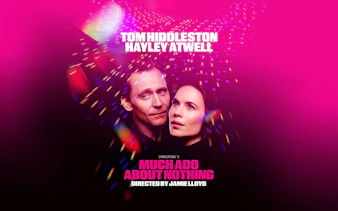 Much Ado About Nothing Broadway poster with actors and colorful lights
