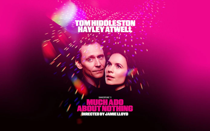 Much Ado About Nothing Broadway poster with actors and colorful lights