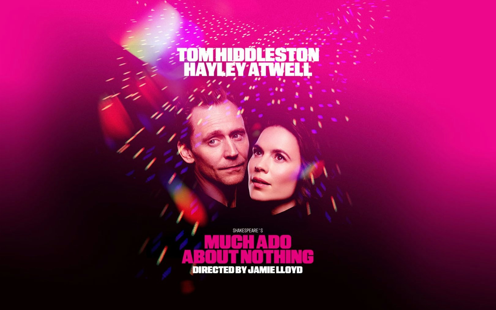 Much Ado About Nothing Broadway poster with actors and colorful lights