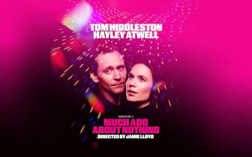 Much Ado About Nothing Broadway poster with actors and colorful lights