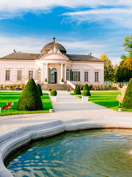 Elegant pavilion and fountain in a manicured garden, Danube Valley day trip from Vienna.