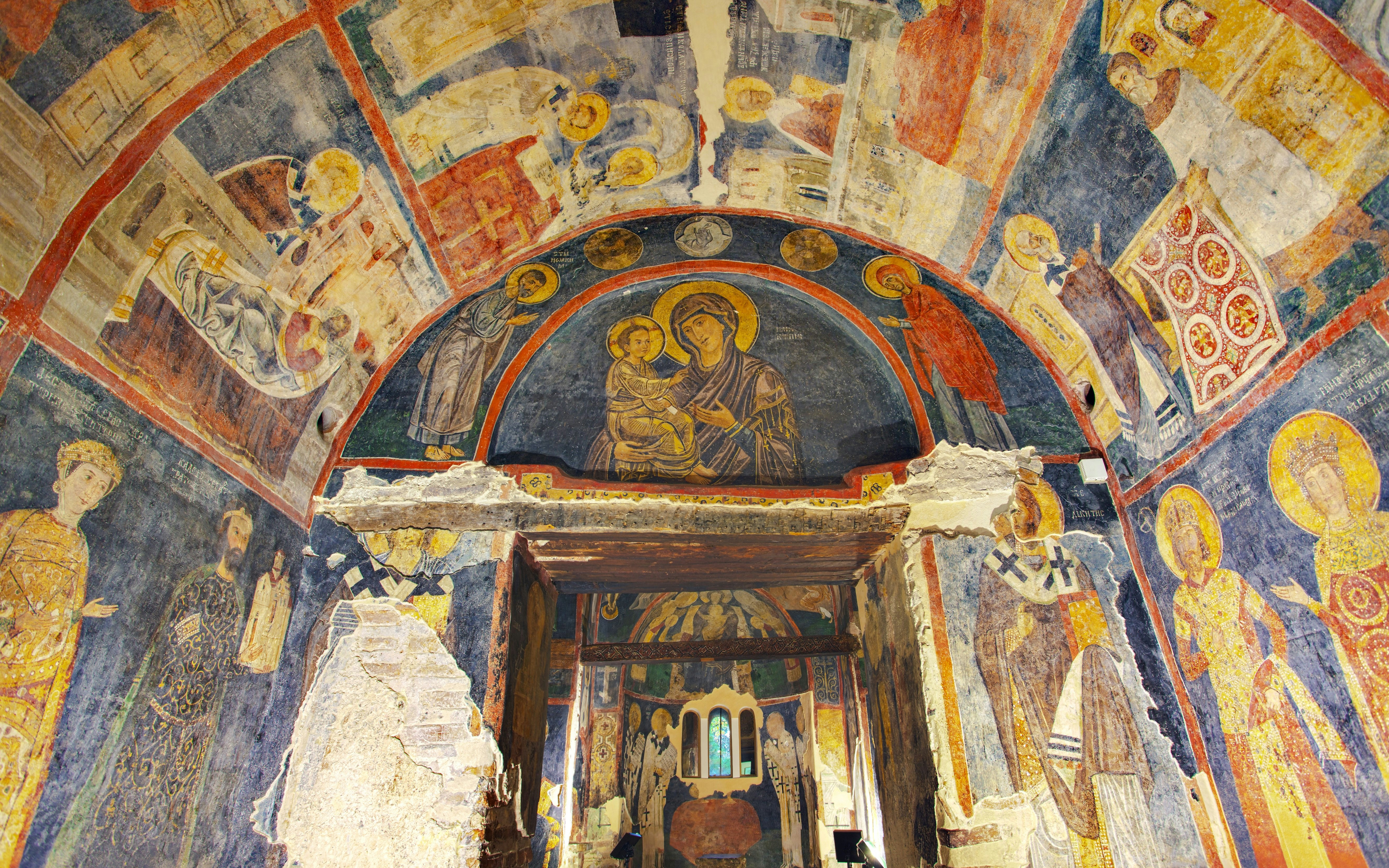 Frescoes depicting religious figures inside Boyana Church, Sofia, Bulgaria.