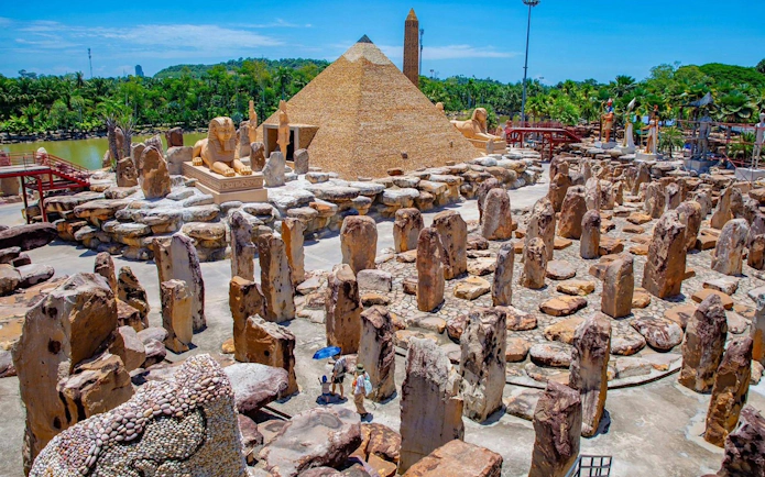 Nong Nooch Tropical Garden stone circle and pyramid replica in Pattaya, Thailand.
