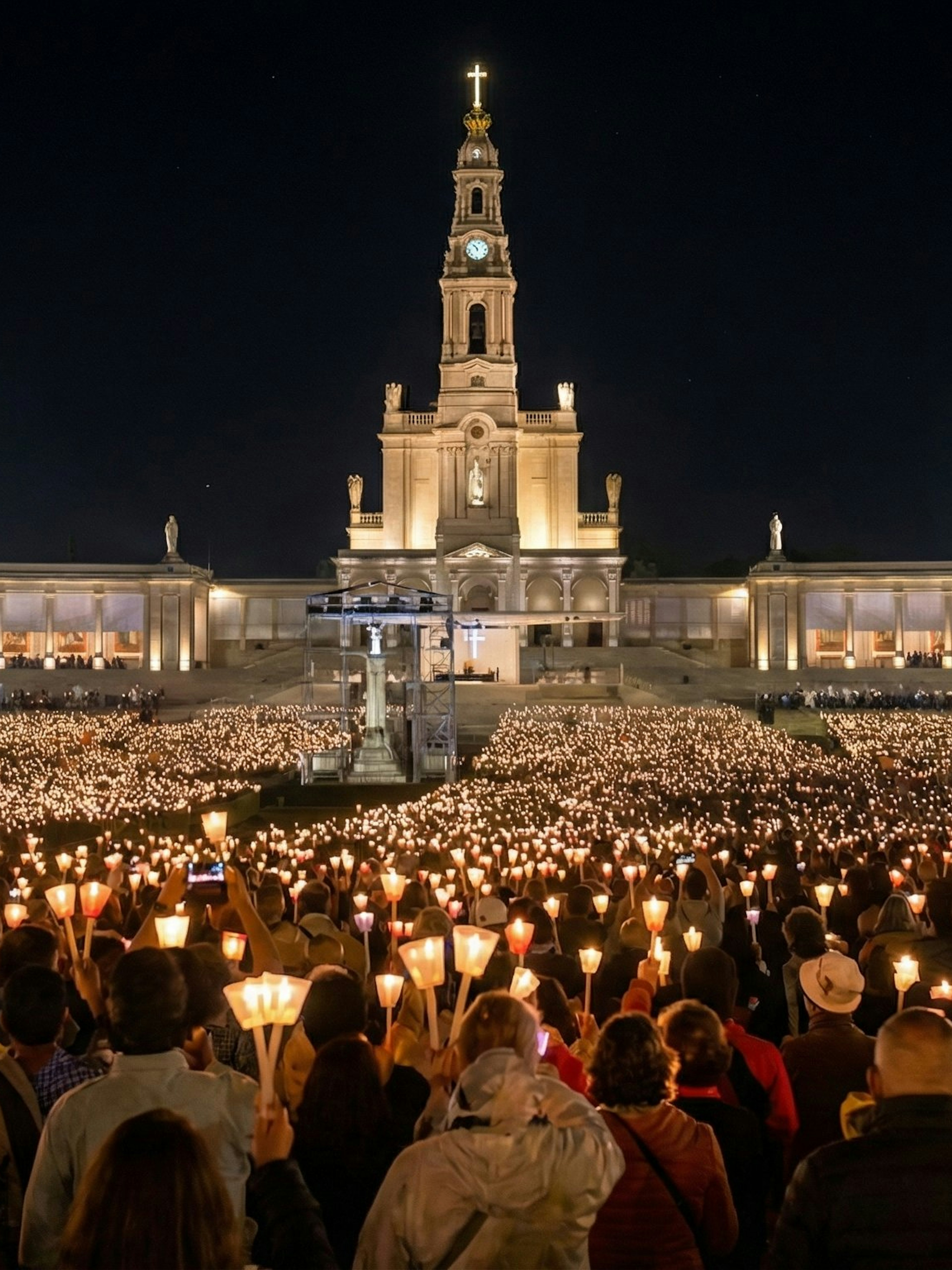 Candlelight procession at Fatima Sanctuary during night pilgrimage tour.