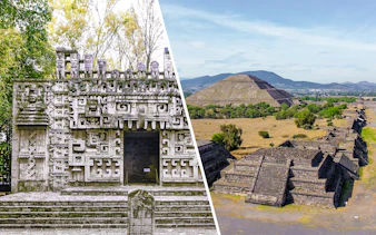 Reconstruction of Maya temple at Museum of Anthropology and Teotihuacan pyramids in Mexico.