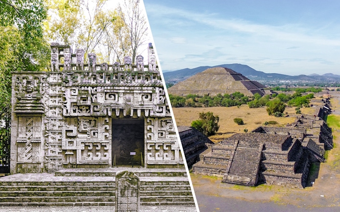 Reconstruction of Maya temple at Museum of Anthropology and Teotihuacan pyramids in Mexico.