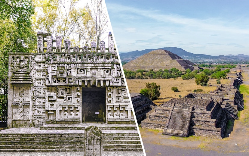 Reconstruction of Maya temple at Museum of Anthropology and Teotihuacan pyramids in Mexico.