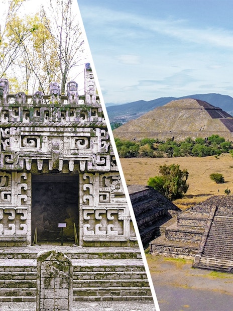 Reconstruction of Maya temple at Museum of Anthropology and Teotihuacan pyramids in Mexico.