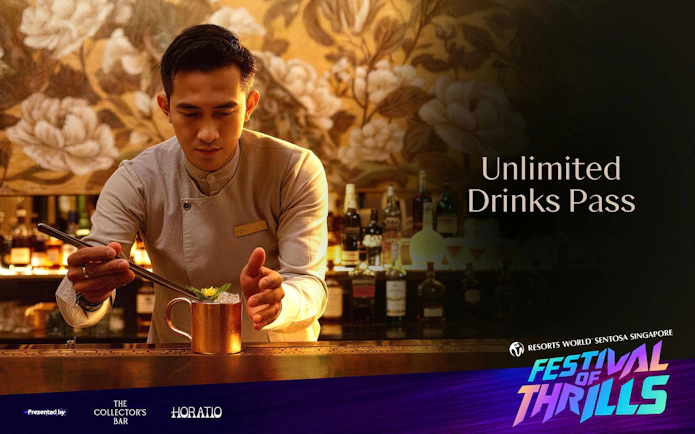 Bartender garnishing cocktail at The Collector's Bar, Resorts World Sentosa Singapore, for Festival of Thrills.