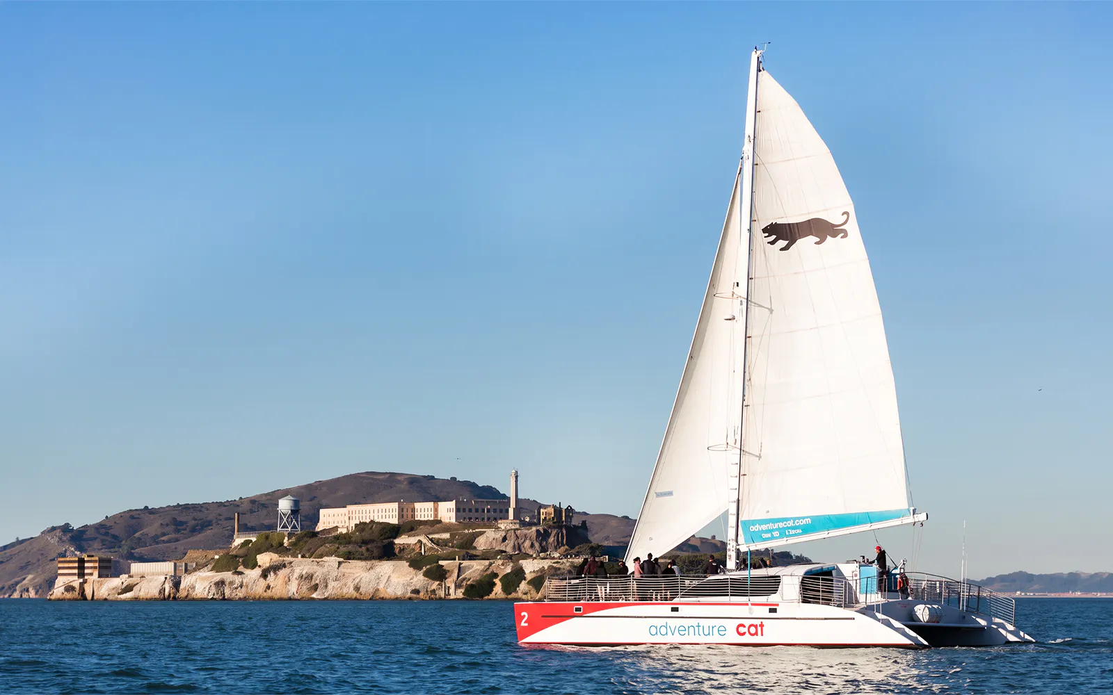 Sailing catamaran near Alcatraz Island in San Francisco Bay.