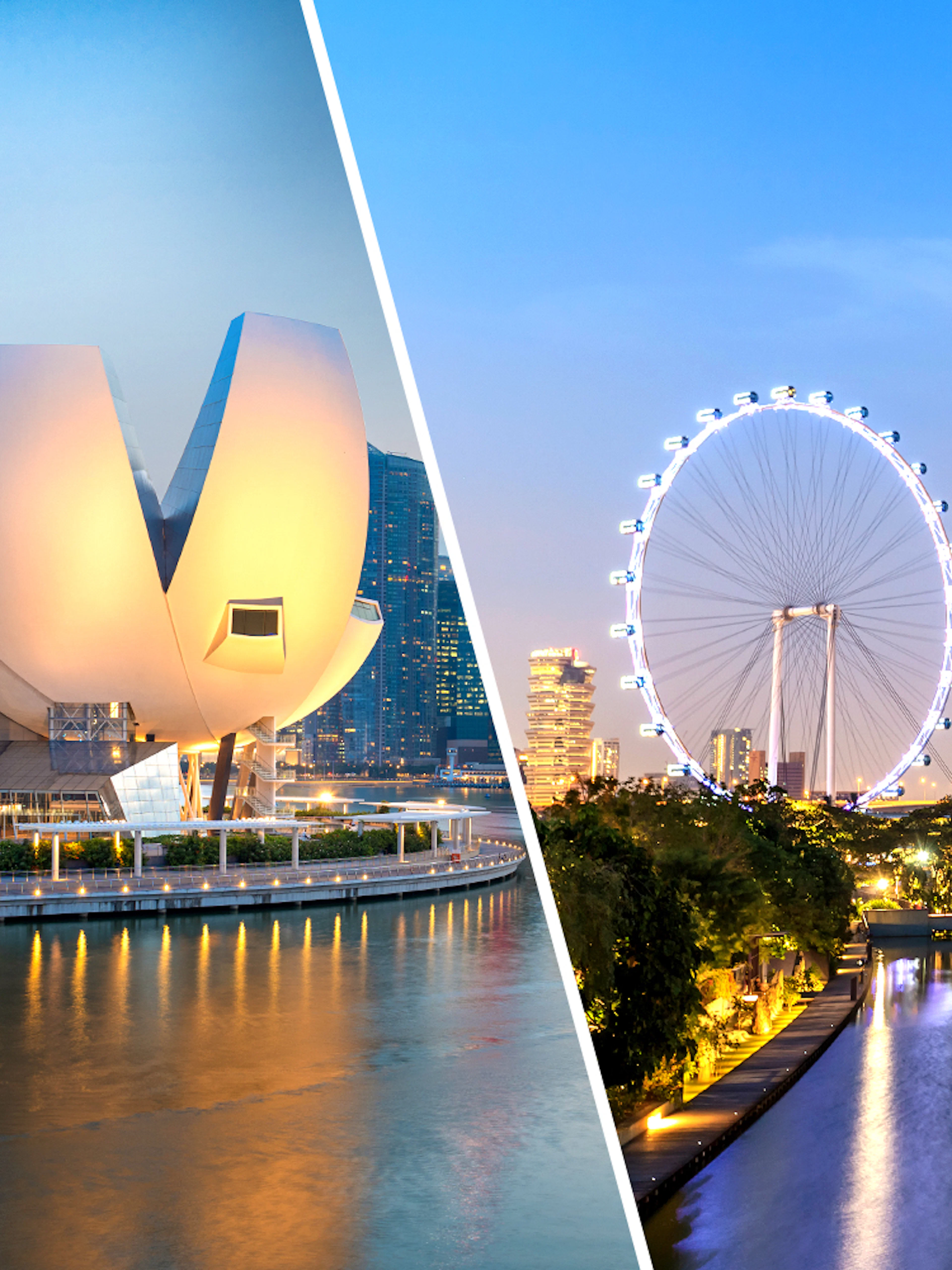 ArtScience Museum and Singapore Flyer illuminated at dusk, Singapore.