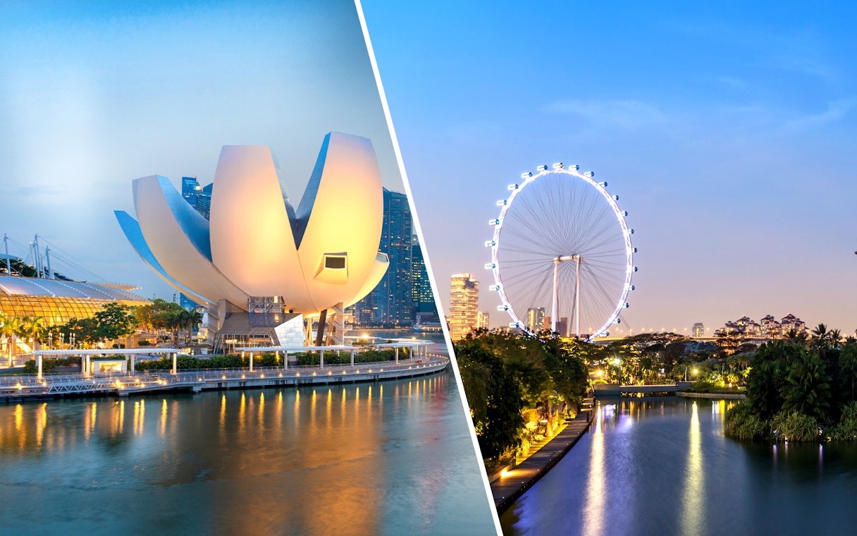 ArtScience Museum and Singapore Flyer illuminated at dusk, Singapore.