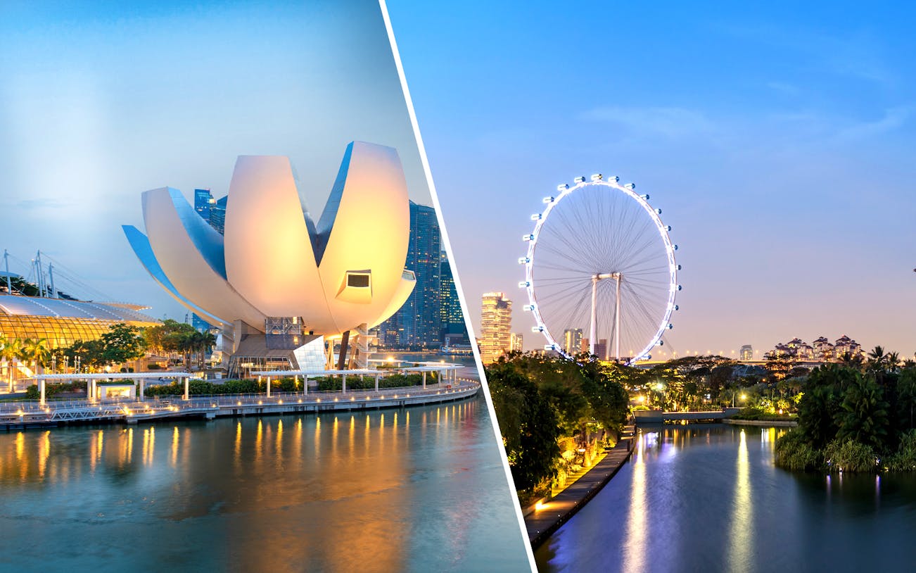 ArtScience Museum and Singapore Flyer illuminated at dusk, Singapore.