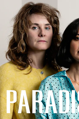 Three people standing together with the text "Paradise Now!" in front.