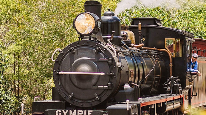 Mary Valley Rattler steam train on tracks in Gympie, surrounded by trees.