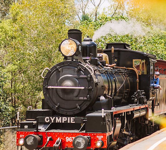 Mary Valley Rattler steam train on tracks in Gympie, surrounded by trees.
