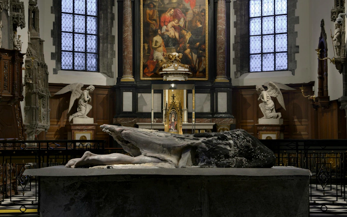 Sculpture and religious artwork inside Museum Sint-Janshospitaal, Bruges.