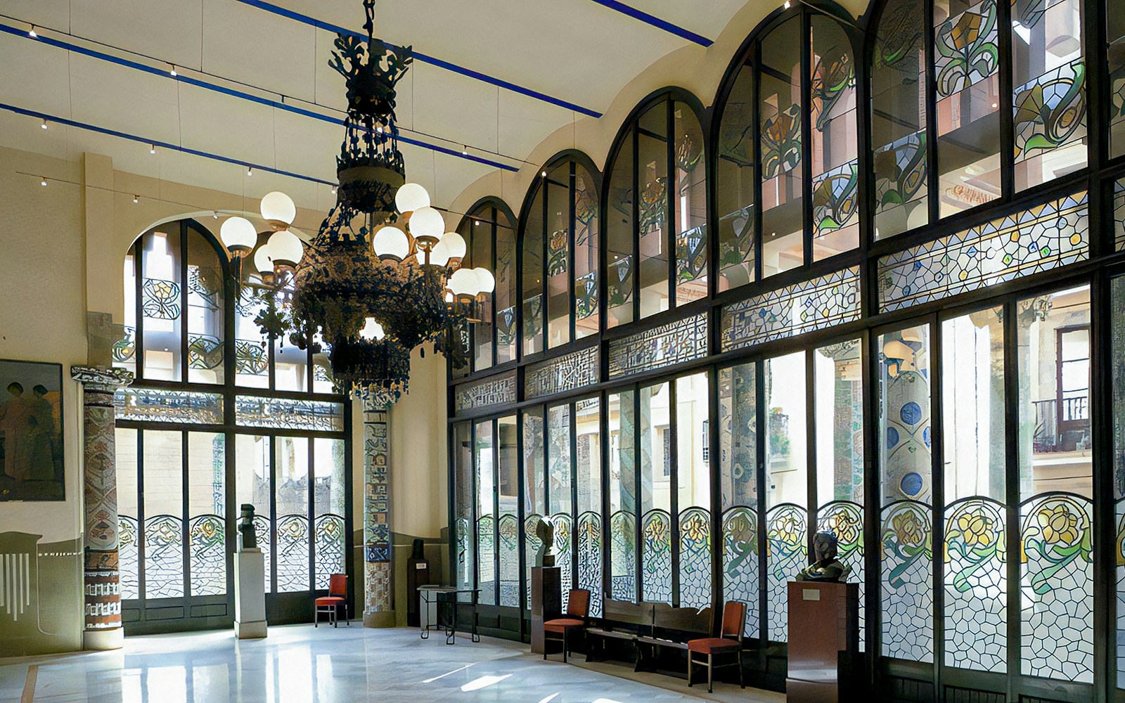 Lluís Millet Hall with stained glass windows and chandelier, Palau de la Musica Catalana, Barcelona.