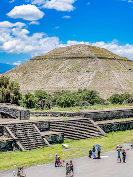 Teotihuacán Pyramid with tourists exploring the ancient site in Mexico City.