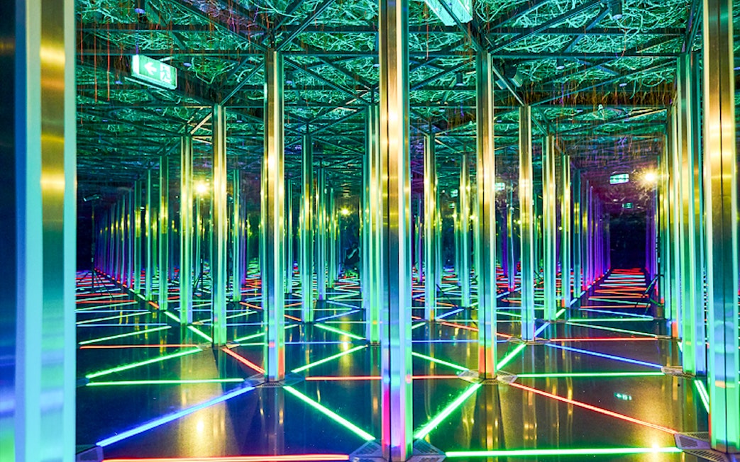 Jewel Changi Mirror Maze with colorful lights and reflective surfaces.