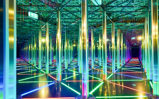 Jewel Changi Mirror Maze with colorful lights and reflective surfaces.