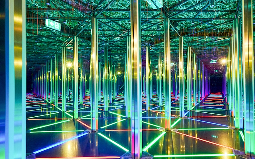 Jewel Changi Mirror Maze with colorful lights and reflective surfaces.