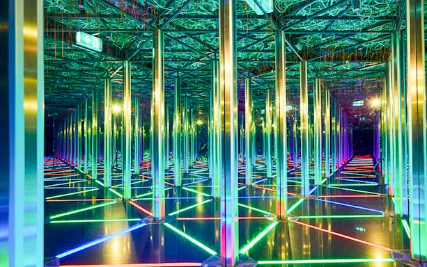 Jewel Changi Mirror Maze with colorful lights and reflective surfaces.
