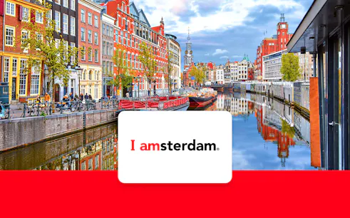 Amsterdam canal view with historic buildings and bicycles, promoting I Amsterdam City Card.