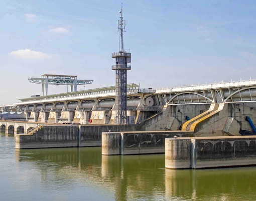 Freudenau lock system on the Danube River in Vienna, Austria, showcasing engineering and waterway navigation.