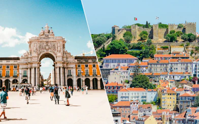 St. George's Castle and Lisbon's Rua Augusta Arch with cityscape.