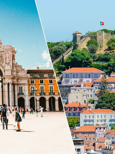 St. George's Castle and Lisbon's Rua Augusta Arch with cityscape.