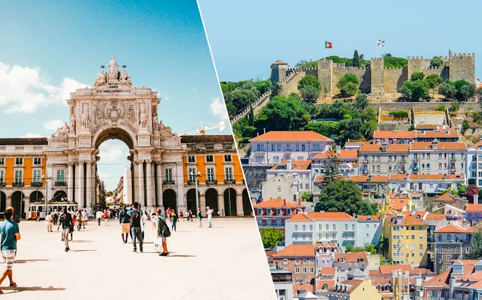 St. George's Castle and Lisbon's Rua Augusta Arch with cityscape.
