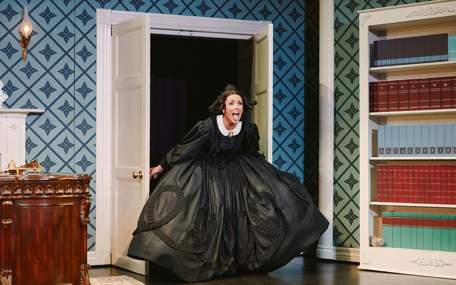Performer in period costume on stage during "Oh, Mary!" Broadway show.
