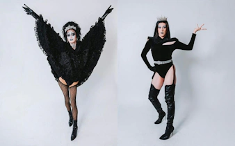 Drag queens in elaborate costumes performing at a show in Hungary.