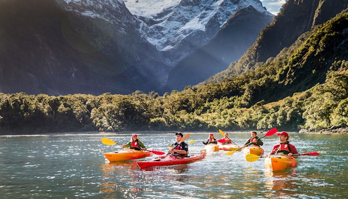 People kayaking in Harrison Cove in Milford Sound
