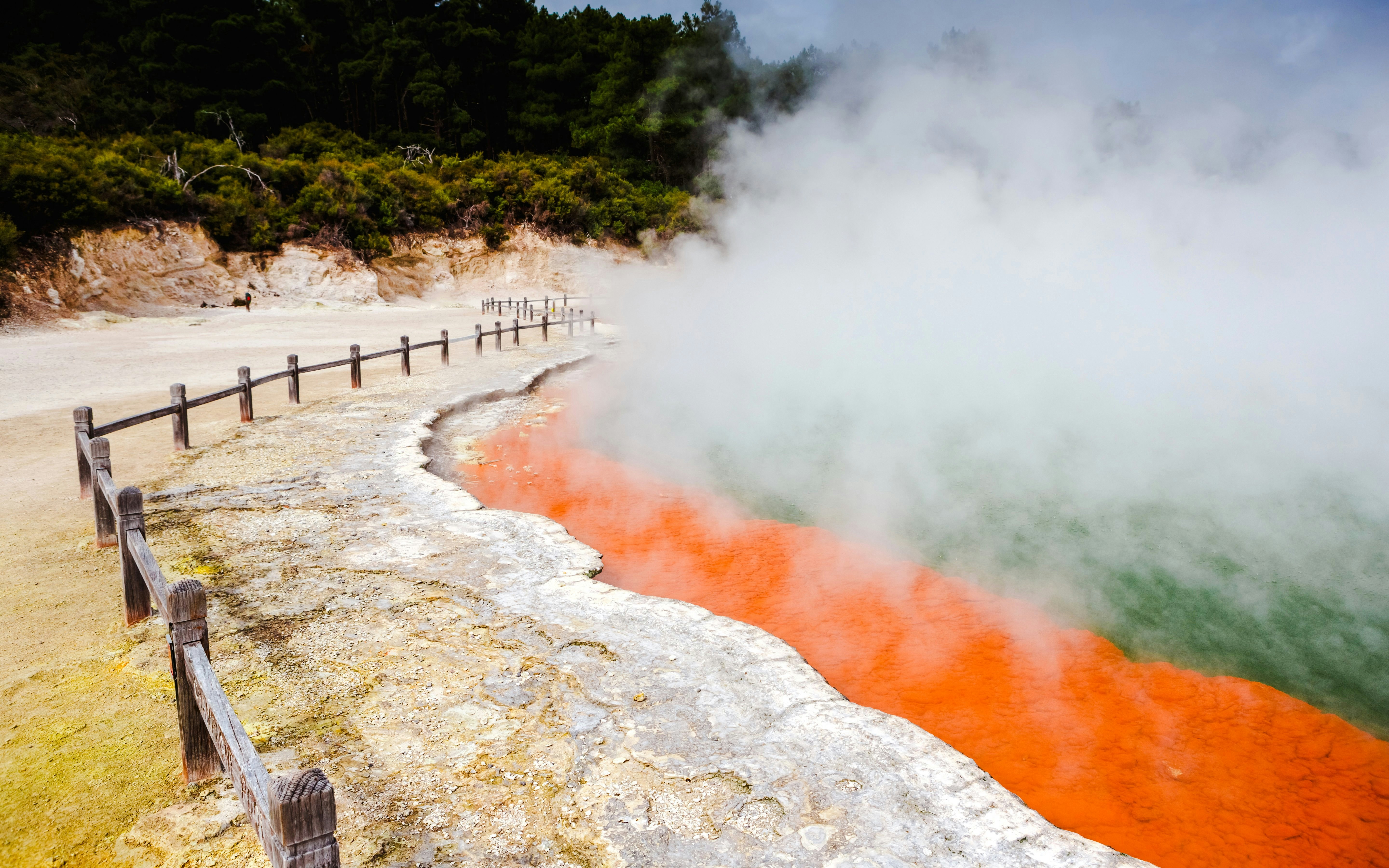 Geothermal Champagne Pool with steam at Wai-O-Tapu, New Zealand.