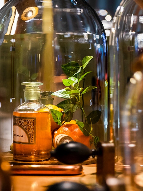 Bottle and citrus display at Cité du Vin, Bordeaux, France.