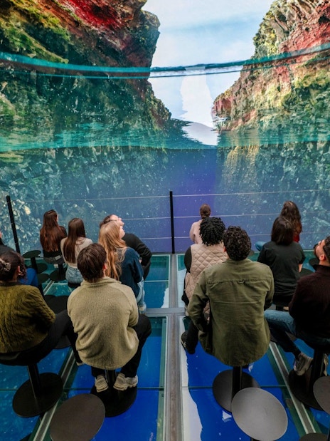 Guests viewing a virtual ocean display inside Perlan Museum, Reykjavik.